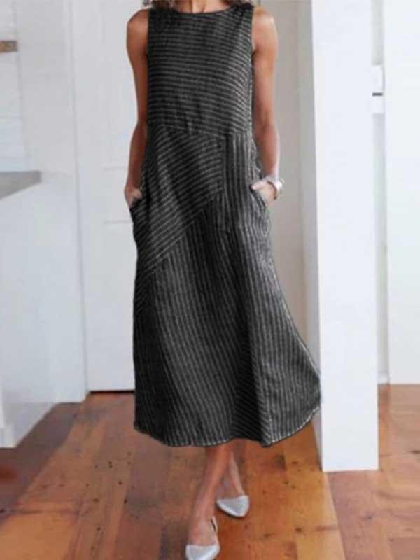 Women's striped round neck sleeveless slim dress