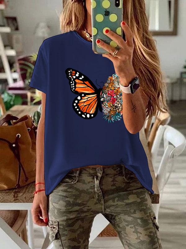 Women's round neck butterfly letter printed loose T-shirt
