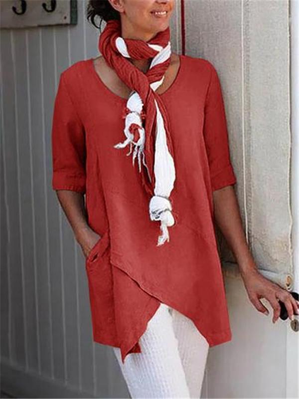 Women Asymmetrical Hem Half Sleeve Pocket Shirt