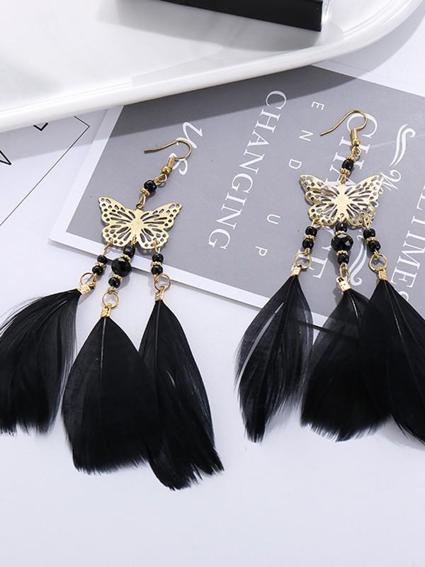 Vintage bohemian pearl beads tassel feather earrings