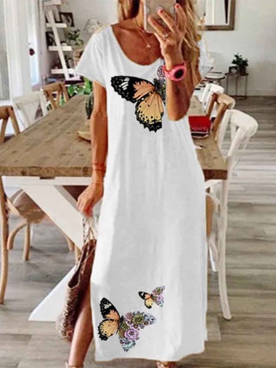 Solid Color Butterfly Print Round Neck Dress