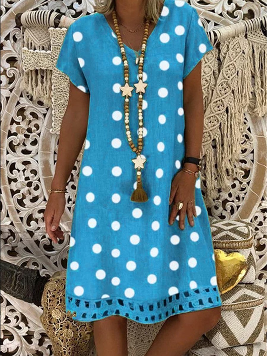 Casual V Neck Polka Dot Print Short Sleeve Midi Dresses