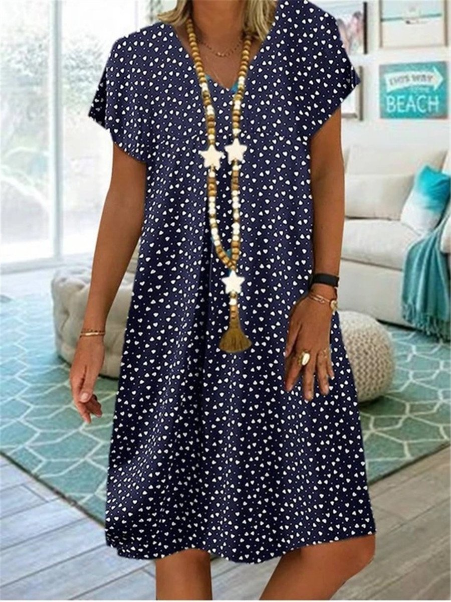 Casual Short Sleeve V-Neck Dim Sum Print Midi Dress