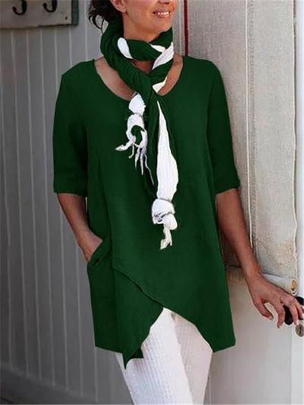 Women Asymmetrical Hem Half Sleeve Pocket Shirt