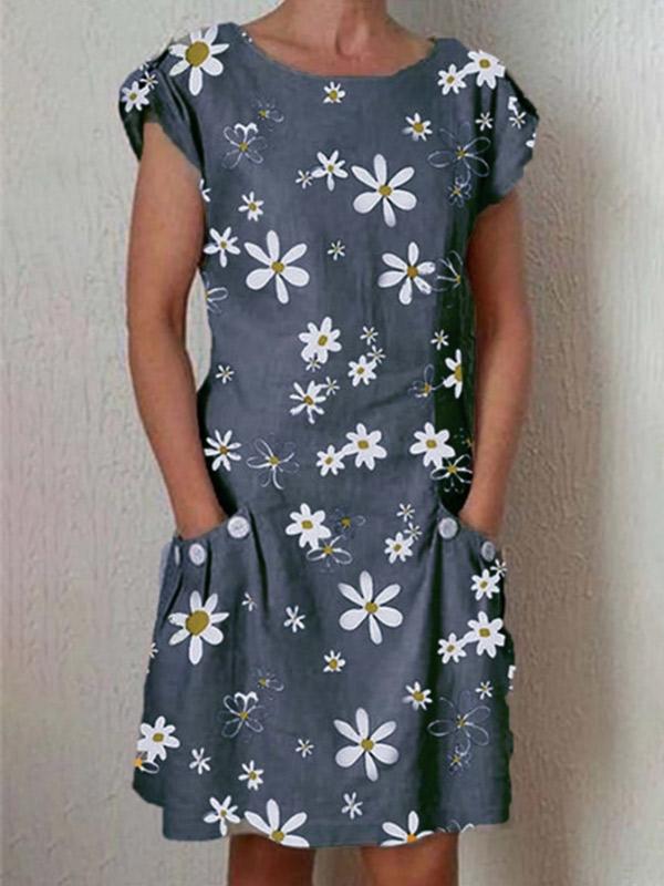 Ladies' Daisy Print Short Sleeve Pocket Dress