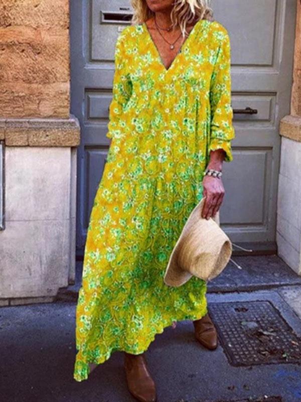 Women's V-neck loose print 3/4 sleeve dress