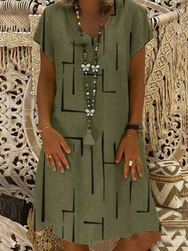 Women's loose cotton and linen printed V-neck dress