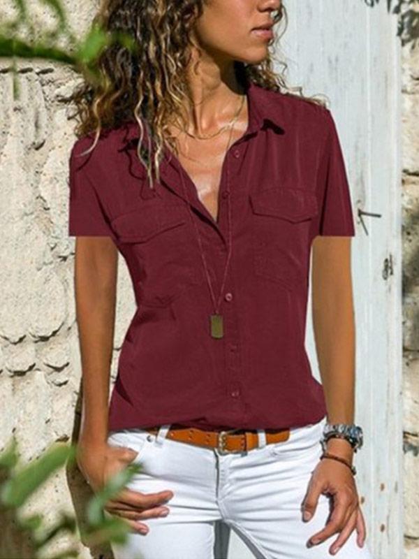 Women's lapel pocket short sleeve shirt