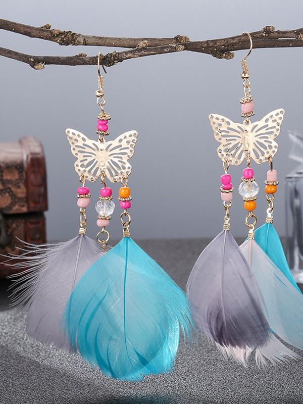 Vintage bohemian pearl beads tassel feather earrings