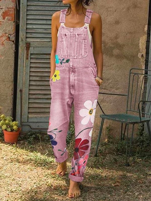 Women's Denim Floral Print Jumpsuit