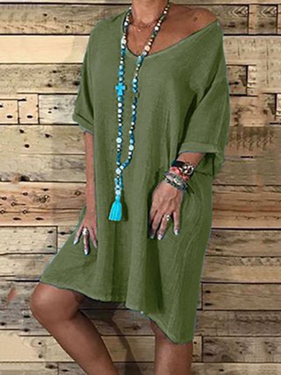 Casual Loose Skirt Solid Color Round Neck Mini Dress