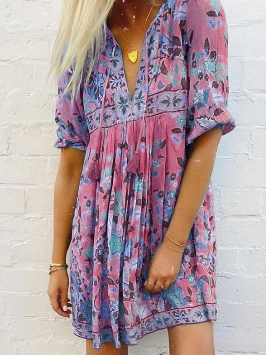 Boho Print 3/4 Sleeve Tassel Mini Dress
