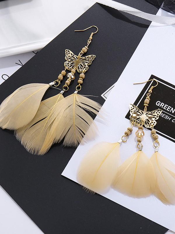 Vintage bohemian pearl beads tassel feather earrings
