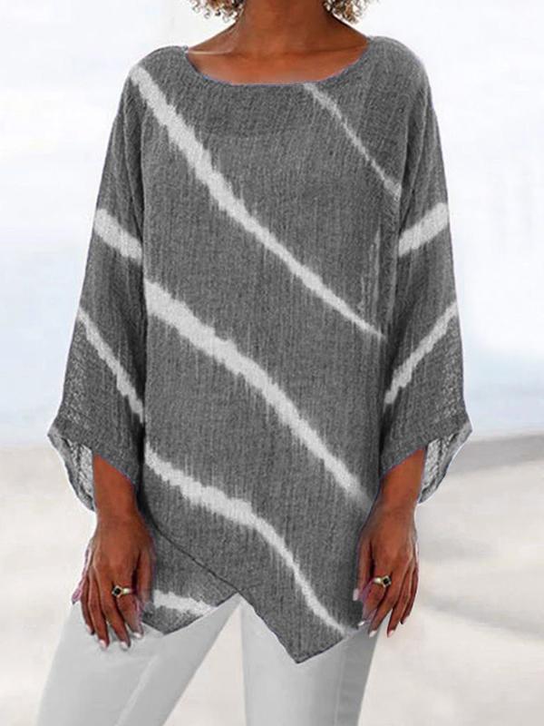 Asymmetrical Hem Striped Print 3/4 Sleeve Tunic Shirt
