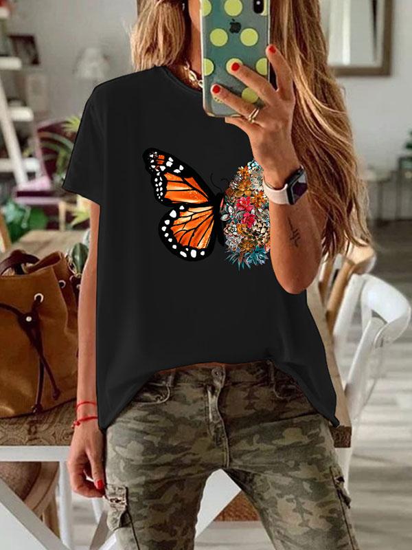 Women's round neck butterfly letter printed loose T-shirt