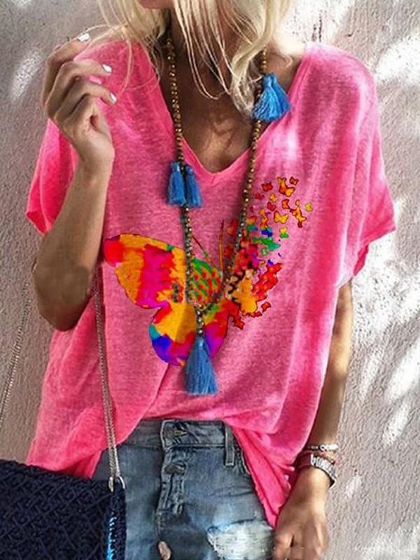 Butterfly print large size loose V-neck short sleeve