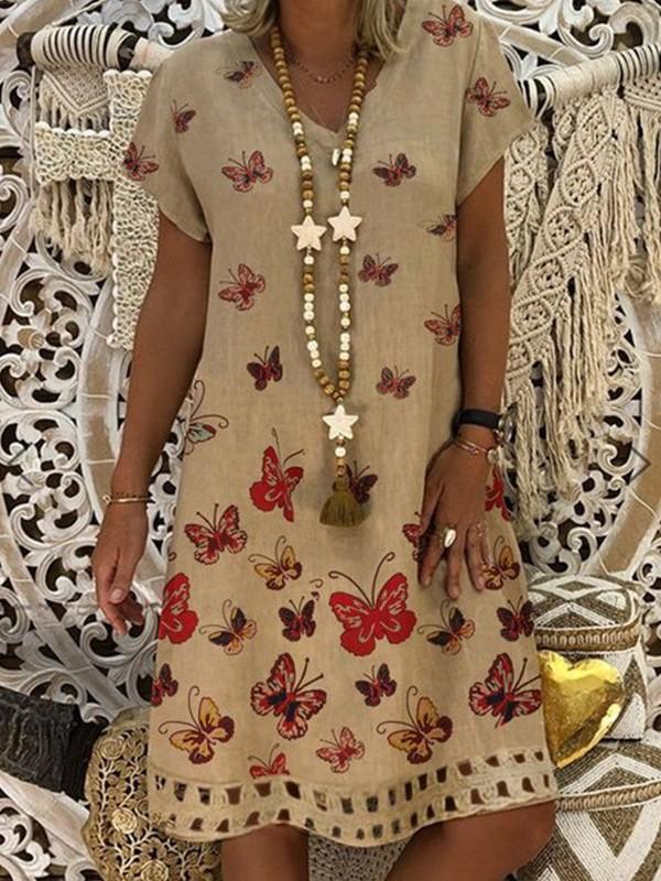 V-neck butterfly print short sleeve dress