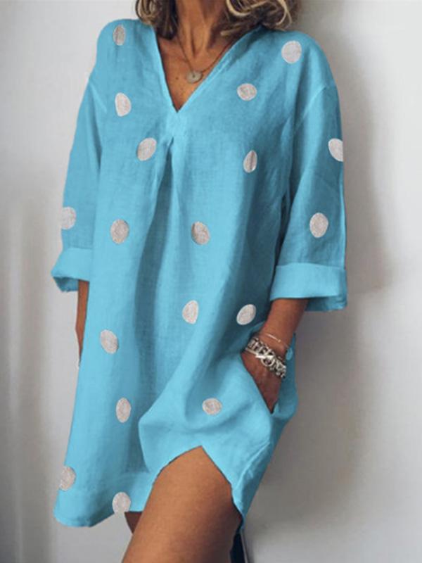 Women's loose cotton and polka dot print V-neck dress