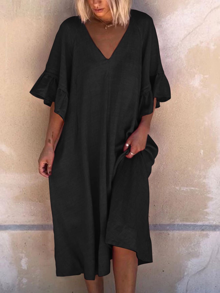 Solid Simple V Neck Linen Dresses