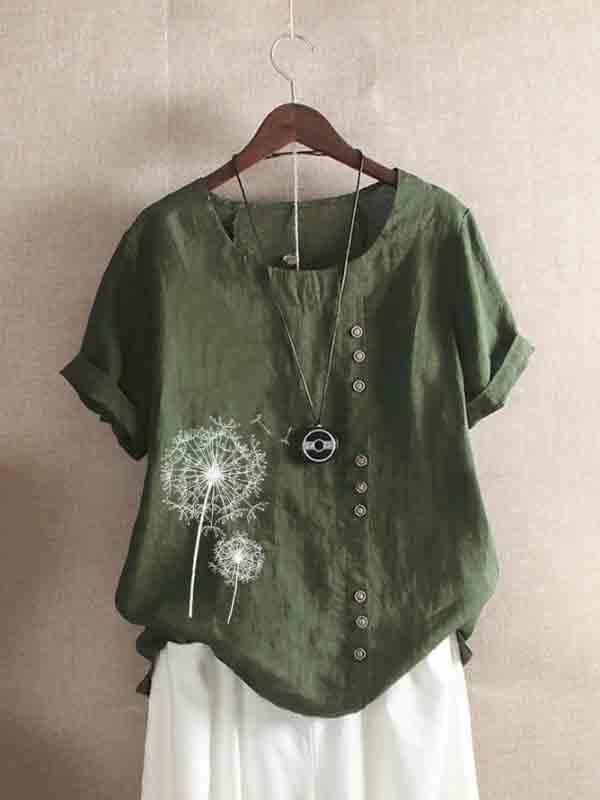 Cotton and linen printed loose casual shirt