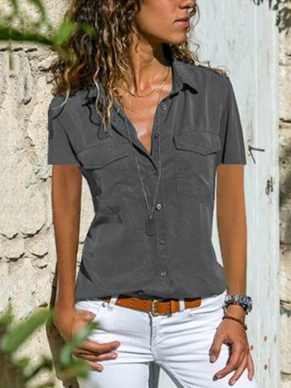 Women's lapel pocket short sleeve shirt