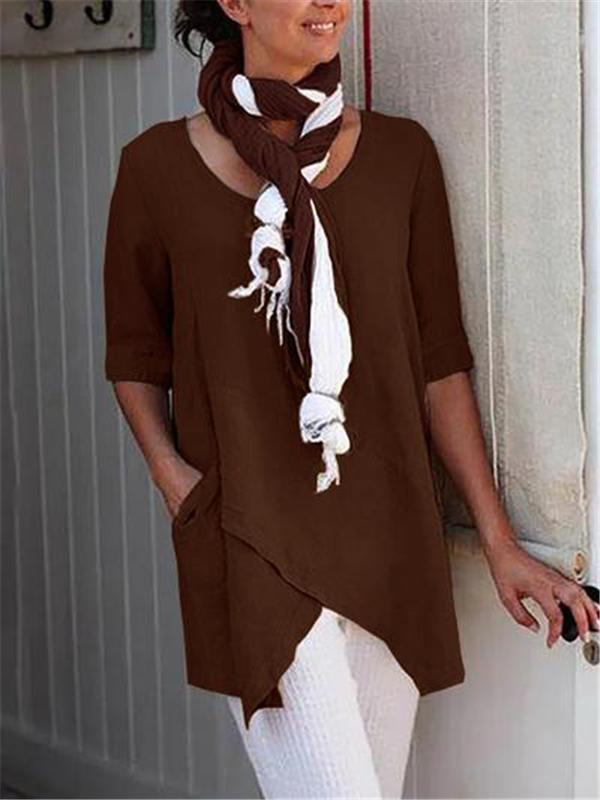 Women Asymmetrical Hem Half Sleeve Pocket Shirt