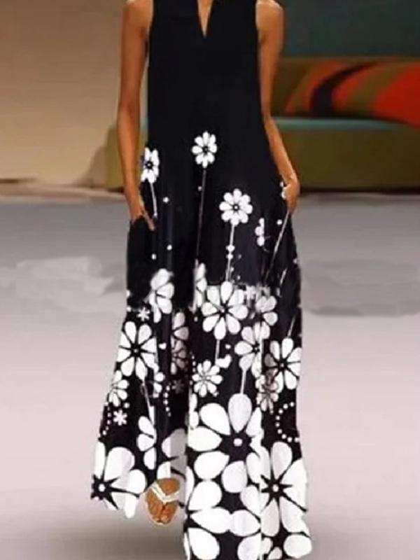 Women's loose fashion printed V-neck sleeveless dress