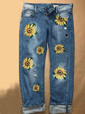 Women's Fashion Daisy Print Straight Jeans