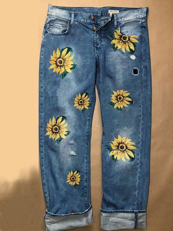 Women's Fashion Daisy Print Straight Jeans
