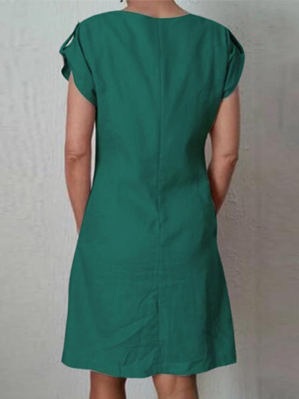 Women's loose cotton and linen pocket contrast button dress