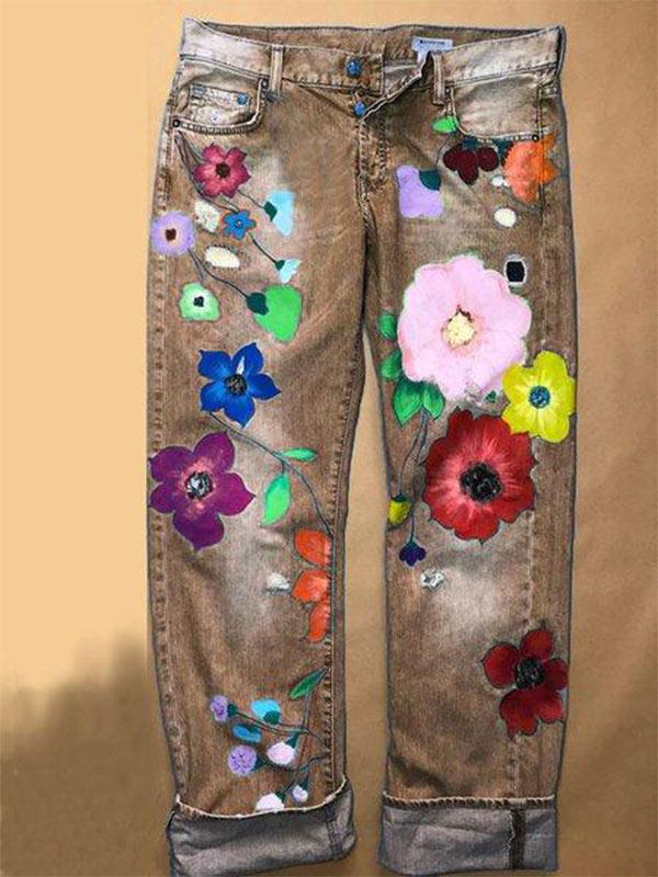Women's Fashion Print Straight Jeans