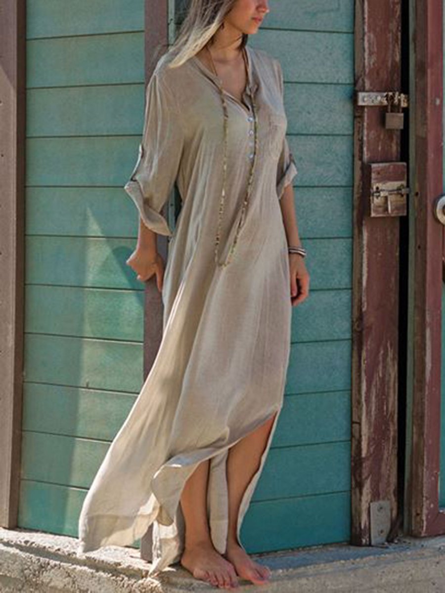 Fashion V-neck Solid Color Casual Dress