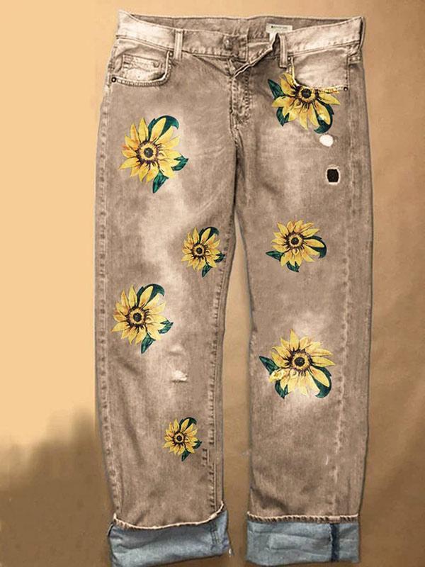 Women's Fashion Daisy Print Straight Jeans