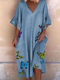 Colorfly Butterfly Print Ruffled Sleeve Midi Dress