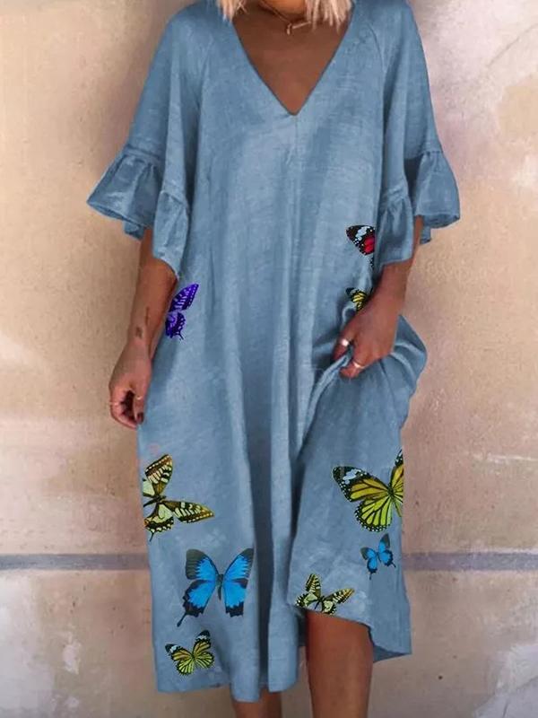 Colorfly Butterfly Print Ruffled Sleeve Midi Dress
