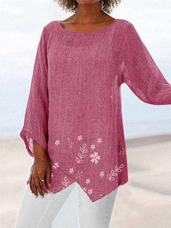 Women's Cotton And Linen Sleeve Round Neck Loose T-Shirt
