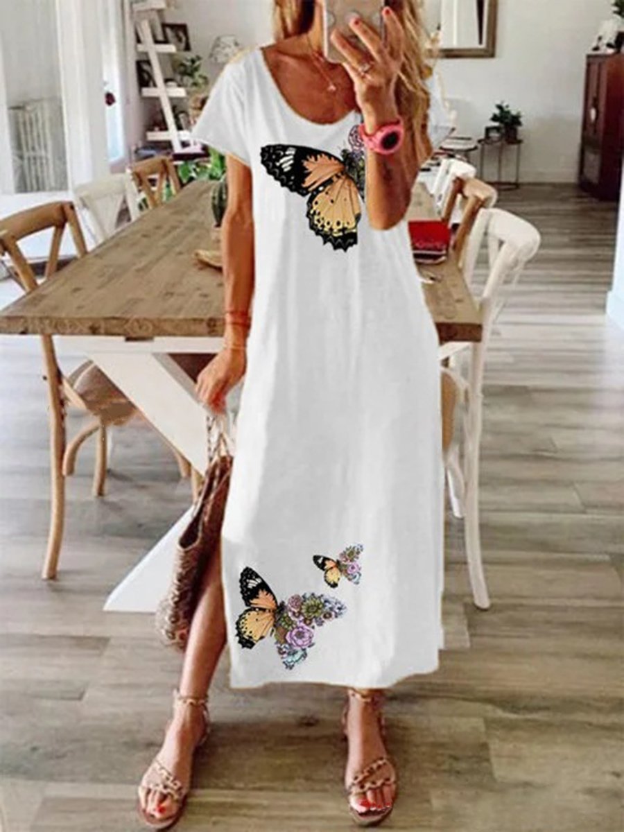 Solid Color Butterfly Print Round Neck Dress