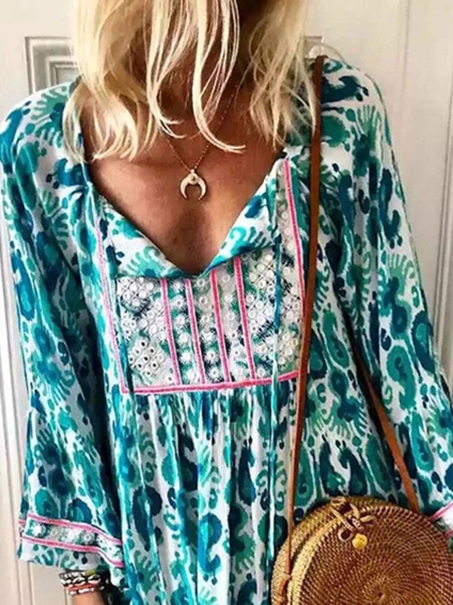 Bohemian V-neck High Waist Long Sleeve Printed Mini Dress