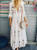 Women's fashion print drawstring cotton and linen long-sleeved dress