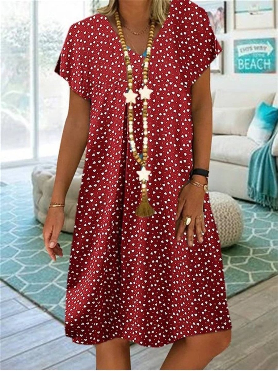 Casual Short Sleeve V-Neck Dim Sum Print Midi Dress