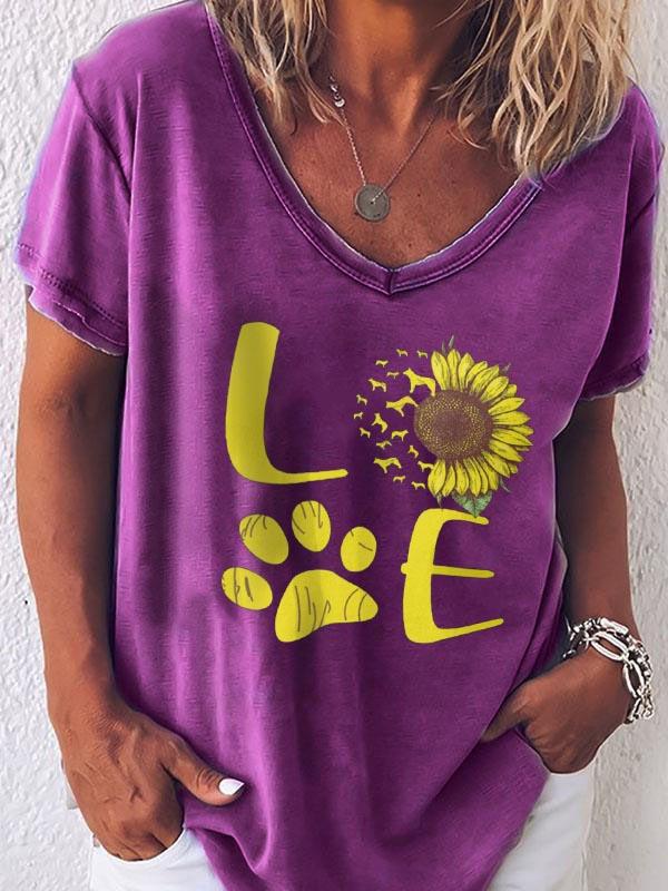Women's LOVE Sunflower Paw Print Short Sleeve T-Shirt