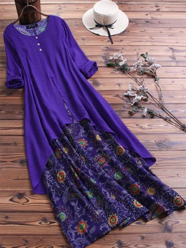 Women's retro printed fake two-piece irregular dress