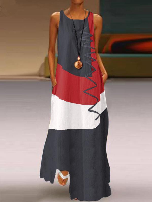 Women's cotton and linen sleeveless colorblock dress
