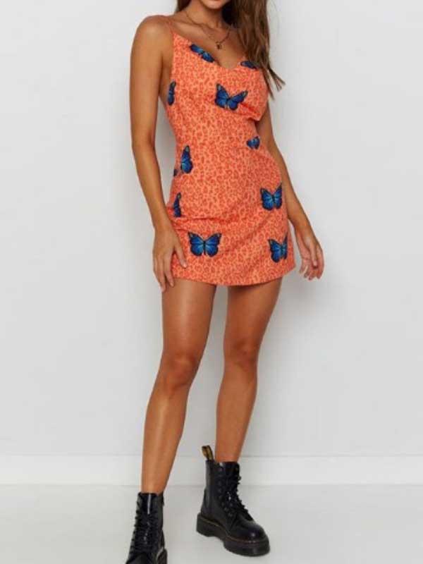 Fashion butterfly print high waist slim dress