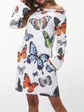 Ladies Fashion Butterfly Print Off Shoulder Long Sleeve Dress