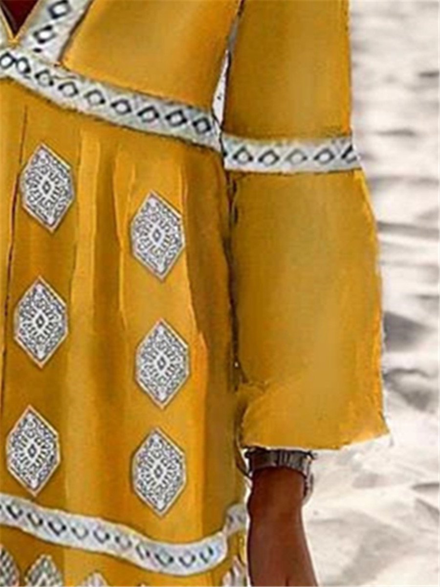 Bohemian Casual Loose Long Sleeve V-Neck Dress