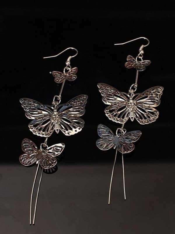 Multilayer hollow butterfly long tassel earrings