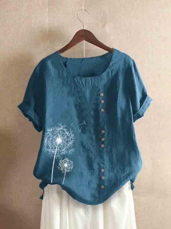 Cotton and linen printed loose casual shirt