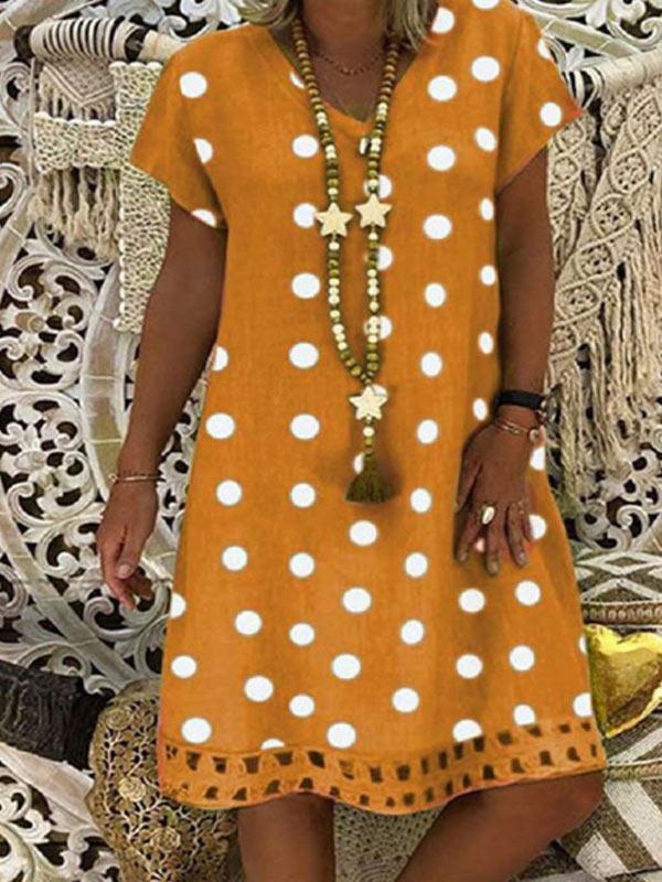 Ladies fashion V-neck polka dot cotton and linen dress