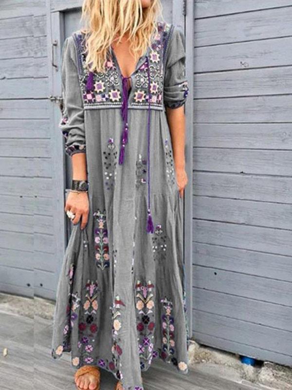 Women's Bohemian Print Drawstring Dress